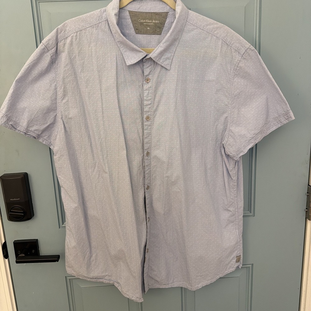 Calvin Klein Slim Fit Shirt Blue Geometric Short Sleeve 100% Cotton Dress XXL